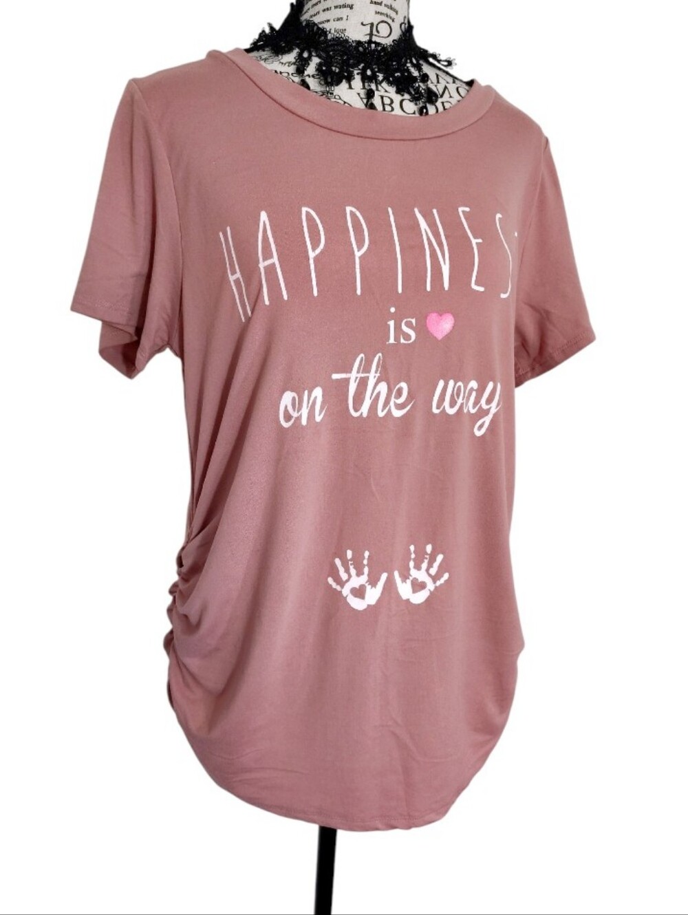 French Pastry Pink Graphic 'Happiness is on the way' Maternity TShirt Large